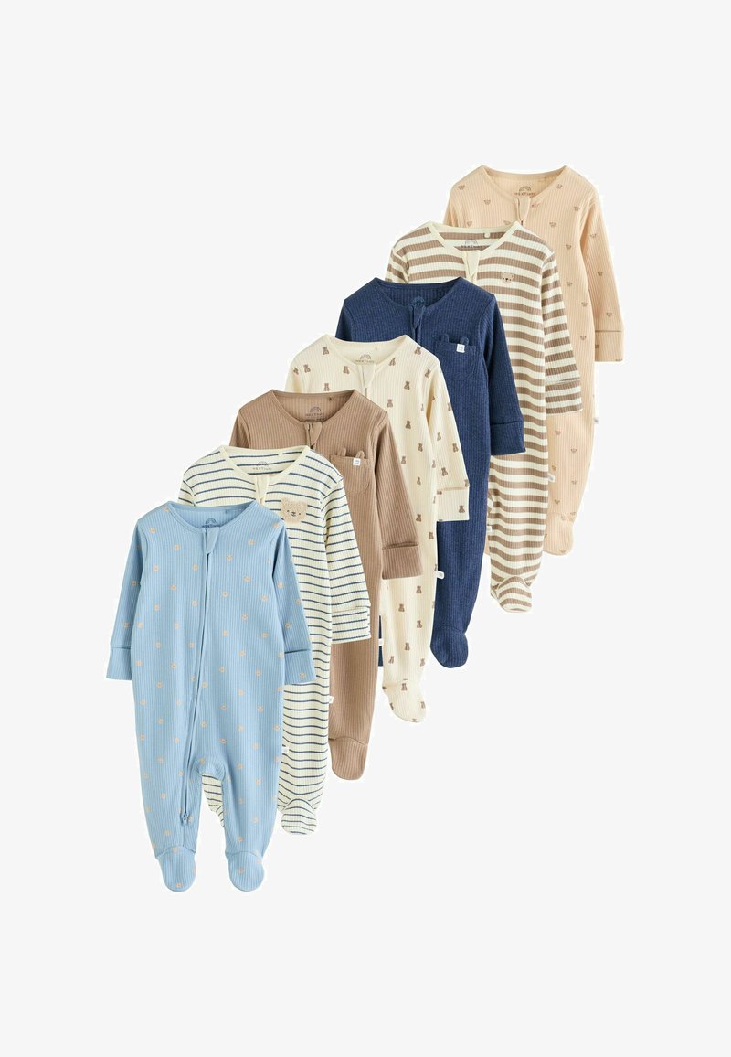 Siete pijamas para bebé con pies y mangas largas en azul, beige, azul marino y patrones a rayas, cada uno con pequeños dibujos de animales o puntos.