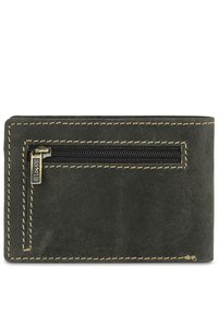 Cartera de cuero verde oscuro con costuras beige contrastantes, que cuenta con un bolsillo con cremallera en la parte frontal para un almacenamiento seguro. Textura suave.