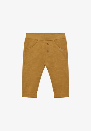 Musztardowe spodnie dla malucha z prążkowanym pasem, dwoma przednimi kieszeniami, zapięciem na dwa guziki i podwiniętymi mankietami. Miękki, teksturowany materiał.