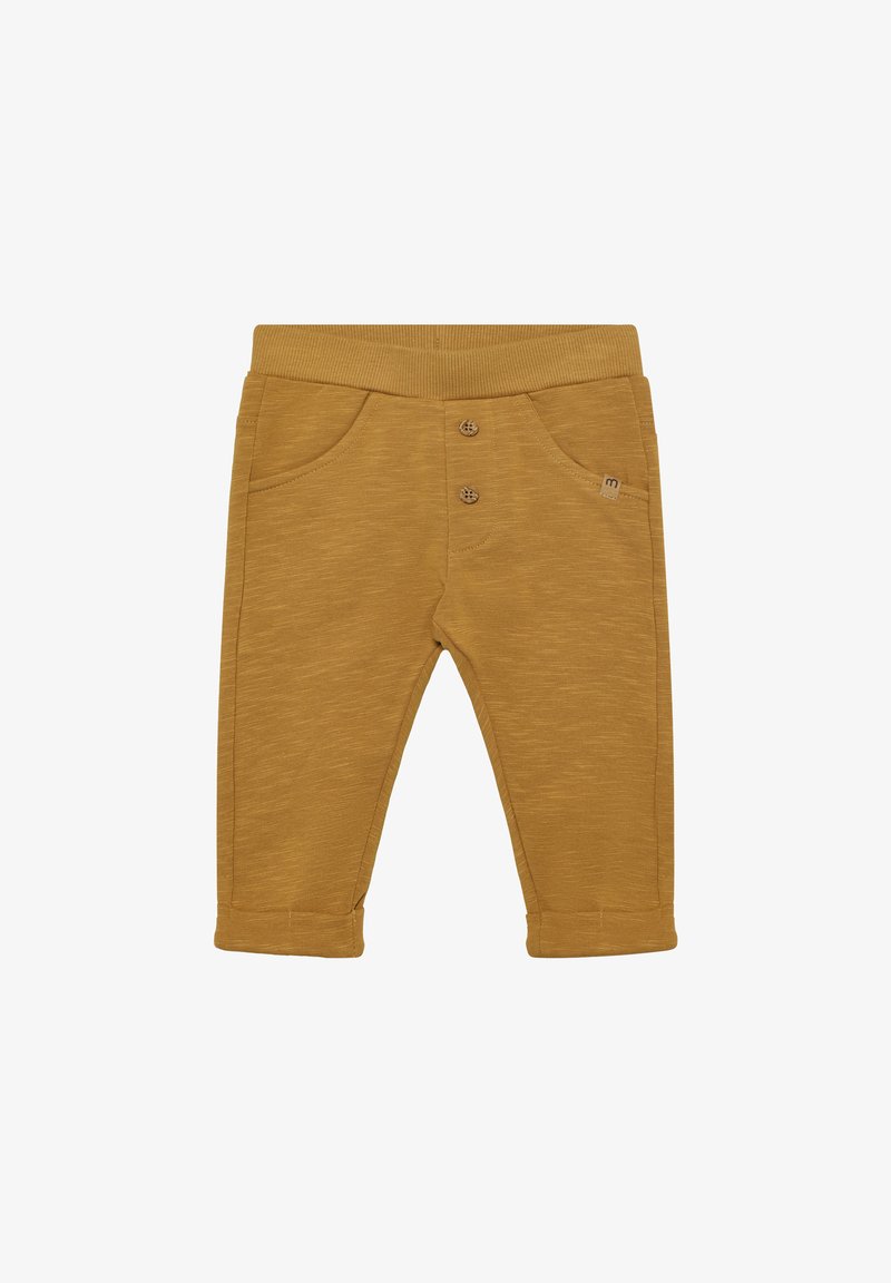 Mosterdkleurige kinderbroek met een geribbelde tailleband, twee voorzakken, een sluiting met twee knopen en opgerolde boorden. Zachte, gestructureerde stof.