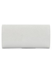 Borsa clutch rettangolare in argento con superficie texturizzata, dotata di una chiusura liscia e senza hardware o decorazioni visibili.