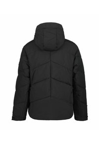 Schwarze Steppjacke mit Kapuze, die ein gestepptes Design, Zickzackstich und eine glatte, matte Textur aufweist. Rückansicht gezeigt.