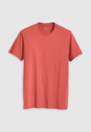 Rotes Baumwoll-T-Shirt mit Rundhalsausschnitt, kurzen Ärmeln und einem kleinen weißen Levi's-Logo auf der Brust. Glatte Textur, schlichtes Design.