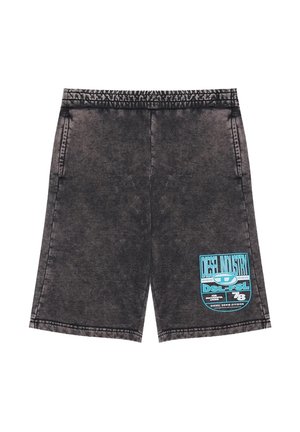 Shorts di jeans neri lavati con tasche laterali e toppa con il logo Diesel Industry blu sulla parte inferiore della gamba destra.