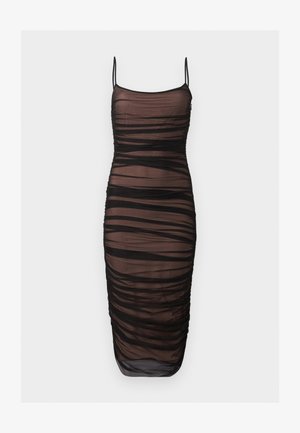 Black sheer midi dress with spaghetti straps, featuring ruched fabric layered over a nude lining.