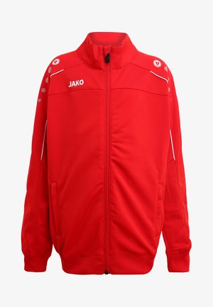 Rote Sportjacke mit Reißverschluss vorne, JAKO-Logo, weißen Akzenten und runden Perforationen an den Schultern. Weicher, glatter Stoff.