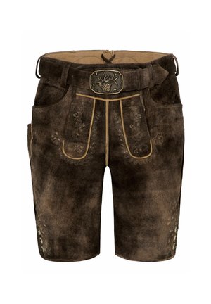 Dunkelbraune Lederhosen mit bestickten Akzenten, einem gefütterten Bund und einer dekorativen Metallschnalle mit einem Hirschdesign.