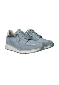 Blue suede sneakers with zip and lace closures, a white midsole, and gray rubber outsole. Features a smooth gray accent at the heel.