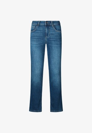 Jeans in denim blu con un design a gamba dritta, dotati di un classico stile a cinque tasche, passanti per cintura e chiusura a zip.