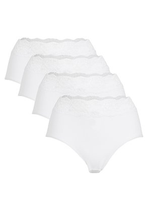 Pakket van vier witte katoenen hooggesneden onderbroeken met een kanten tailleband met een gegolfde rand. Zachte textuur, elastische pasvorm.