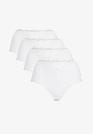 Paket mit vier weißen Baumwoll-Höschen mit hohem Bund, die einen Spitzenbund mit gewelltem Rand aufweisen. Glatte Textur, elastische Passform.