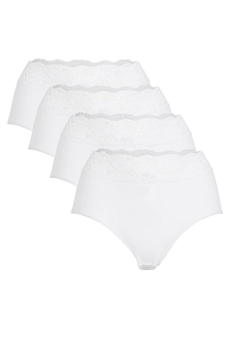 Förpackning med fyra vita högmidjade bomullstrosor med en spetsmidja med vågig kant. Slät textur, elastisk passform.
