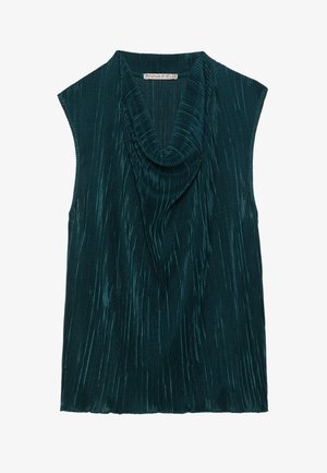 Mouwloos topje in diep teal met een gedrapeerde decolleté en verticale geplooide textuur. Zachte stof met een subtiele glans, die de flow ervan verbetert.