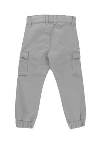Graue Cargo-Hosen mit elastischen Bündchen, aus einer weichen Baumwollmischung gefertigt, mit zwei seitlichen Taschen und einem klassischen Bunddesign.