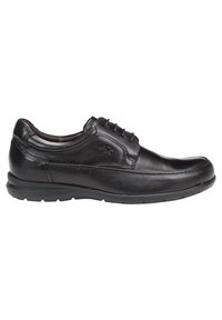 Chaussure en cuir noir à lacets avec bout arrondi, détails de couture subtils et semelle rembourrée pour le confort et le soutien. Texture lisse dans l'ensemble.