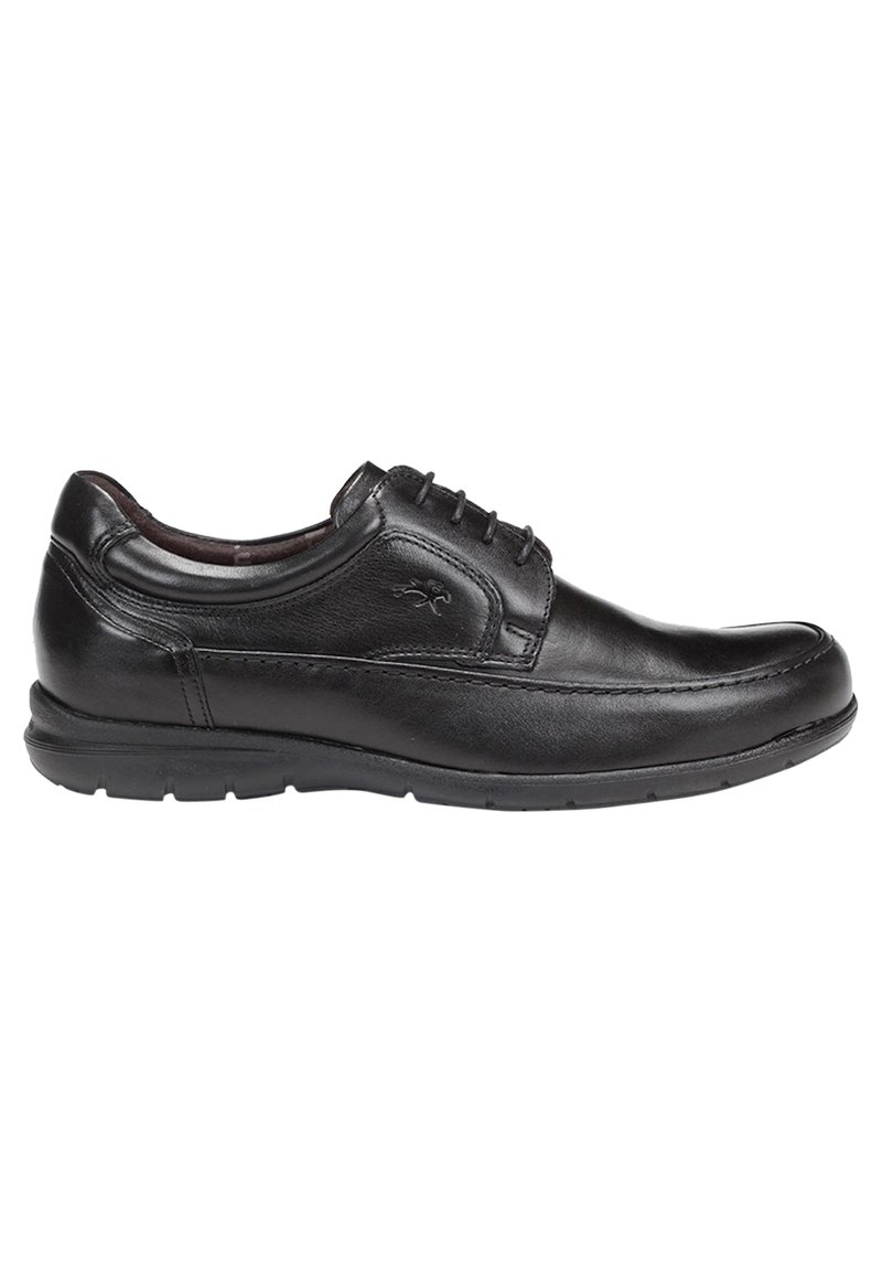 Chaussure en cuir noir à lacets avec bout arrondi, détails de couture subtils et semelle rembourrée pour le confort et le soutien. Texture lisse dans l'ensemble.