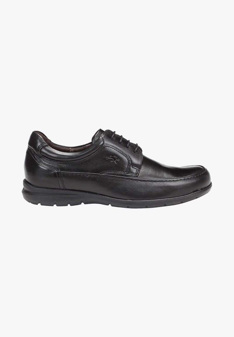 Chaussure en cuir noir à lacets avec bout arrondi, détails de couture subtils et semelle rembourrée pour le confort et le soutien. Texture lisse dans l'ensemble.