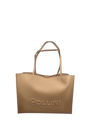 Borsa tote in pelle martellata color cuoio con due spallacci e la scritta "POLLINI" in rilievo al centro anteriore.