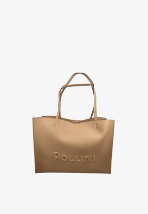 Borsa tote in pelle martellata color cuoio con due spallacci e la scritta "POLLINI" in rilievo al centro anteriore.