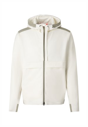 Weiße Kapuzenjacke mit durchgehendem Frontreißverschluss, grauen Schulter- und Ärmelakzenten und Kordelzügen an der Kapuze.