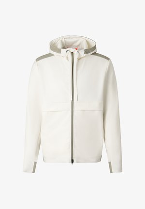 Weiße Kapuzenjacke mit durchgehendem Frontreißverschluss, grauen Schulter- und Ärmelakzenten und Kordelzügen an der Kapuze.