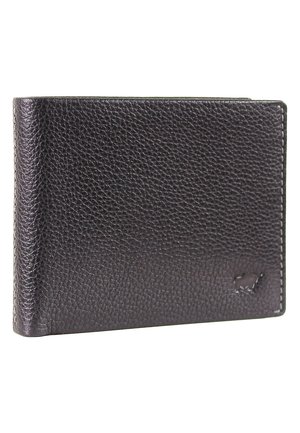 Schwarzes Lederportemonnaie mit strukturiertem Finish, mit gesteppten Kanten und einem kleinen embossed Logo auf der Vorderseite. Kompaktes, rechteckiges Design.