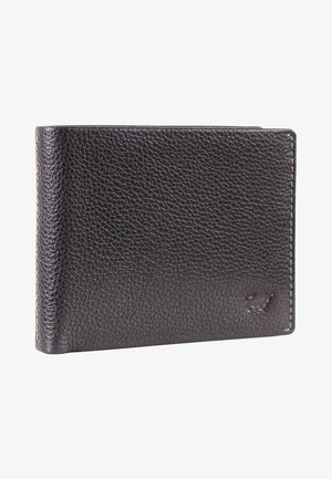 Black leather wallet with a textured finish, featuring stitched edges and a small embossed logo on the front. Compact rectangular design.