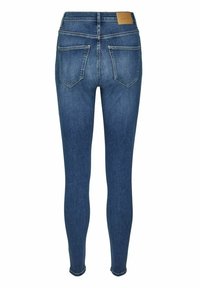 Smal blå jeans med en slät denimtextur, med hög midja och två bakfickor med en något urtvättad finish.