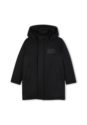 Manteau d’hiver noir à capuche avec poches avant, manches longues et col montant, présenté sur fond blanc.