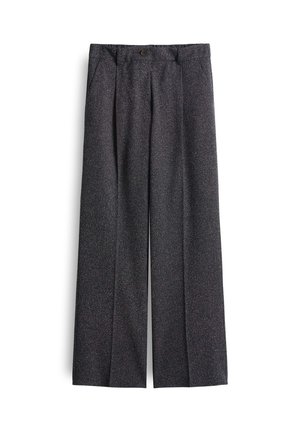 Wide-leg trousers in a dark gray speckled fabric. Features a button closure, pleats, and side pockets. Smooth texture with a loose fit.