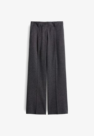 Haremhosen aus einem dunkelgrauen, gesprenkelten Stoff. Mit Knopfverschluss, Falten und seitlichen Taschen. Glatte Textur und lockere Passform.