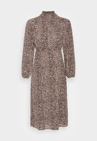 Mididress s leopardím vzorem, vysokým výstřihem, dlouhými rukávy a elastickým pasem. Vyznačuje se sametovou texturou a splývavým střihem.