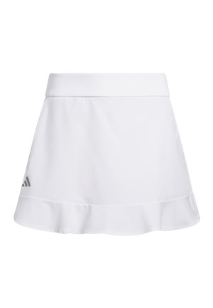 Gonna sportiva bianca con una fascia in vita larga e un orlo leggermente arricciato, con un piccolo logo Adidas grigio vicino al bordo inferiore.