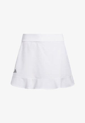Witte sportieve rok met een brede tailleband en subtiele ruches aan de zoom, met een klein grijs Adidas-logo nabij de onderrand.