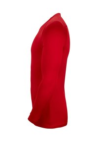 Rotes Langarmshirt aus elastischem Material. Hat einen taillierten Schnitt und eine glatte Textur. Einfacher Rundhalsausschnitt und keine sichtbaren Muster oder Akzente.
