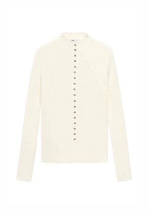 Cream-colored long-sleeve cardigan with a round neckline and a row of metallic buttons down the center. Smooth texture, no patterns.