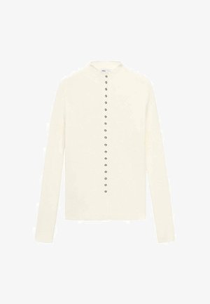 Cardigan lung cu mâneci lungi de culoare crem, cu decolteu rotund și o serie de nasturi metalici pe centru. Textură netedă, fără modele.