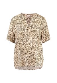 Blouse à manches courtes en beige clair avec un motif abstrait noir, dotée d'un col en V et d'un ourlet légèrement arrondi pour un ajustement décontracté.