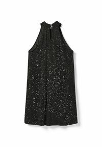 Čierne šatky bez rukávov s vysokým golierom, ktorý má otvor v tvare kľúča, zdobené roztrúsenými striebornými flitrami na textúrovanej tkanine.