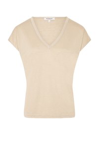 Beige V-hals T-shirt van zachte stof met korte mouwen en een rechte zoom. Voorzien van delicate stiksels langs de halslijn.