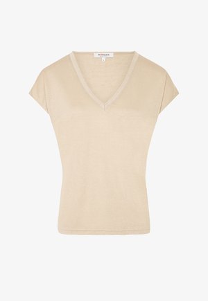 T-shirt beige à col V en tissu doux, à manches courtes et à ourlet droit. Présente des coutures délicates le long de l'encolure.