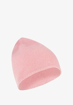 Pink knitted beanie with a smooth texture, tapered design, and ribbed stitching at the hem, suitable for warmth and comfort.