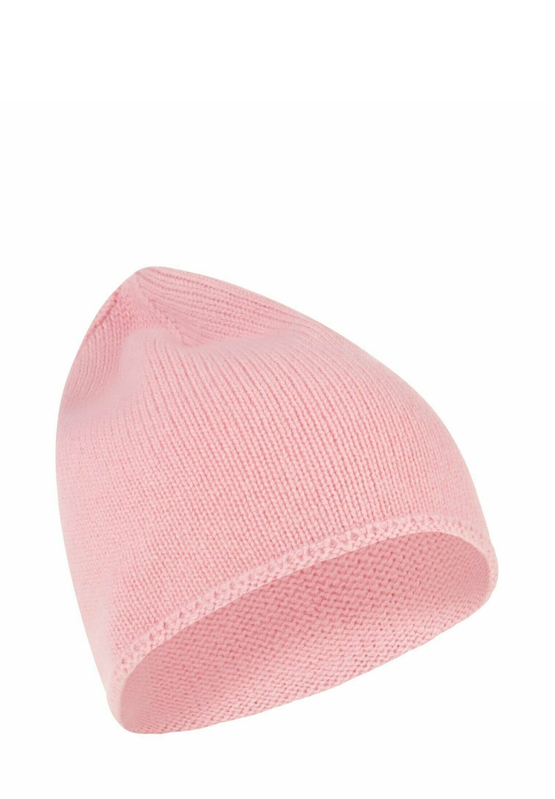 Roze gebreide muts met een soepele textuur, taps toelopend ontwerp en ribbelsteken aan de onderrand, geschikt voor warmte en comfort.