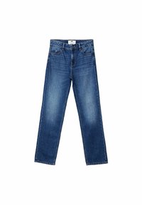 Modré džíny rovného střihu s předním zipem, zapínáním na knoflík a pěti kapsami na bílém pozadí.