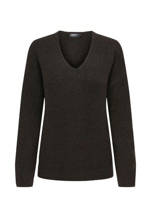 Tmavohnedý sveter s dlhými rukávmi, so žíhanou textúrou a hlbokým výstrihom do V. Jednoduchý, priliehavý strih bez ozdôb.