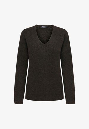 Tamsiai rudas, ilgomis rankovėmis megztinis su raštuota gofruota tekstūra ir gilia V formos iškirpte. Paprasta, aptempta silueto konstrukcija be puošmenų.