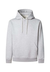 Svetlo šedá mikina s kapucňou a prednou kapsou, biele a čierne šnúrky, rebrované manžety a spodný lem, a malá biela logo na hrudi.