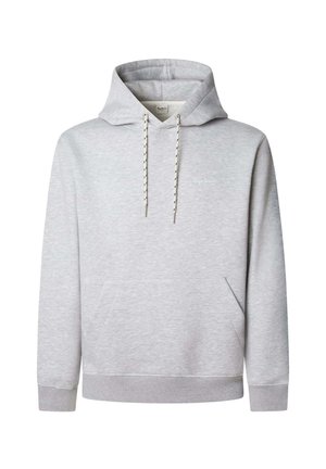Sudadera con capucha de color gris claro, con bolsillo frontal, cordones blancos y negros, puños y dobladillos de canalé, y pequeño logo blanco en el pecho.