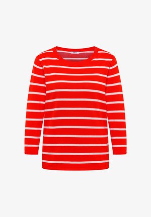 Maglia rossa a maniche lunghe con collo tondo, con strisce orizzontali bianche uniformemente distanziate e orlo diritto.