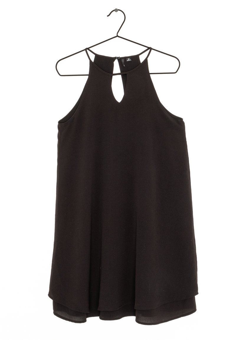 Black sleeveless top with a halter design, featuring a keyhole opening at the neck and a layered hem. Lightweight fabric and smooth texture.